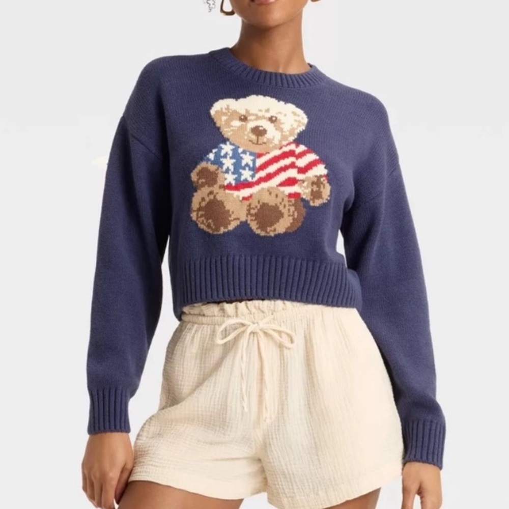 Grayson Threads Women's Teddy Bear
Flag Graphic Sweater Navy New Polo Like